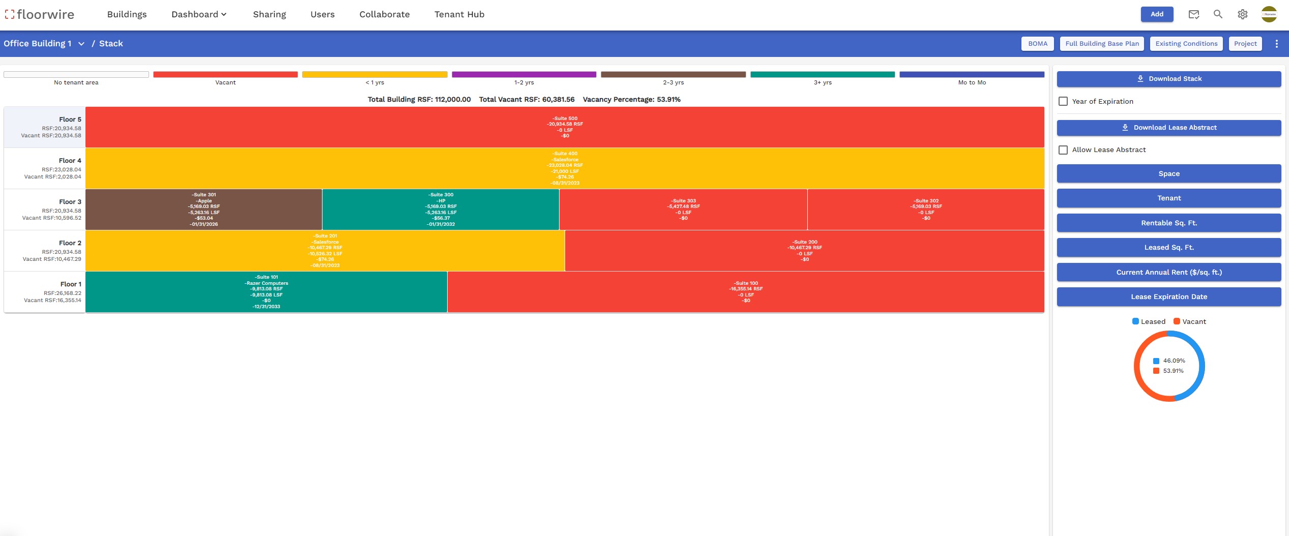 Commercial real estate dynamic stacking plan tool.